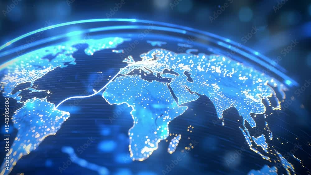 Poster illuminated world map showcasing detailed geography with blue tones and bright lights representing c