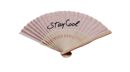 Folded paper fan with visible texture and handwritten "Stay Cool", isolated on pastel pink background
