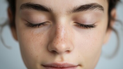 Fototapeta premium Close-up of young woman’s face with freckles and closed eyes, calm and healthy lifestyle