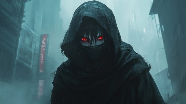 Mysterious hooded figure in misty urban setting