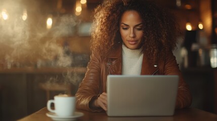 A focused woman seated at a coffee shop working on her laptop, surrounded by a cozy atmosphere enhanced by soft lighting and steam from her cup, embodying productivity and creativity.
