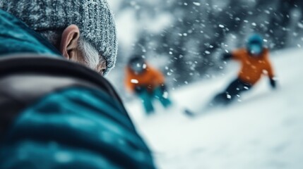 A peaceful winter setting features children playing in the snow while an onlooker watches from a distance, encapsulating the joy and beauty of snowy days filled with laughter.