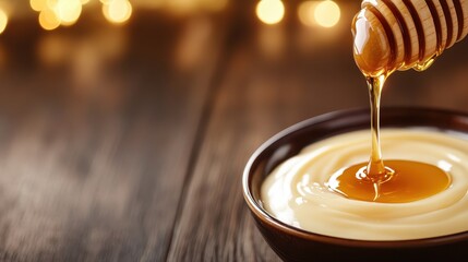 Rich amber honey is gracefully drizzled into a bowl of smooth cream, capturing the essence of sweetness and indulgence, perfect for culinary enthusiasts or gourmet food lovers.