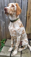 Young spotted dog sitting on patio, looking up, wooden fence background