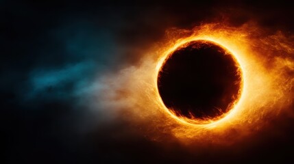 A stunning visualization of a solar eclipse surrounded by fiery orange and blue hues, symbolizing wonder and the awe of nature in a cosmic spectacle of colors.