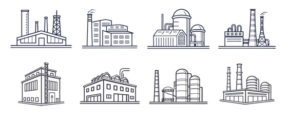 Industrial Factory Icons Set – Line Style Vector Illustration of Manufacturing Buildings and Plants