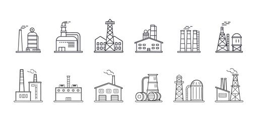 Minimal Line Icons of Industrial Factories – Vector Set of Manufacturing and Production Plants