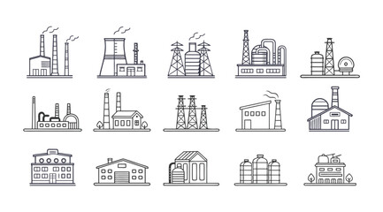 Obraz premium Minimal Line Icons of Industrial Factories – Vector Set of Manufacturing and Production Plants