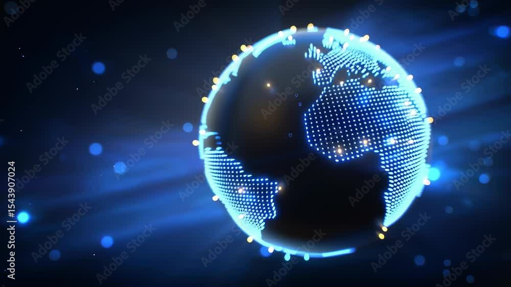 Poster globe rotating with illuminated dots representing worldwide connections. deep blue background enhanc