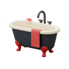 3D Illustration of Classic Bathtub with Red Towel and Faucet for Bathroom Interior and Home Relaxation Concept