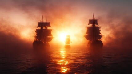 Majestic silhouettes of three classic ships line the horizon, merging with a breathtaking sunset, creating a dramatic scene that evokes adventure and timelessness on the seas.