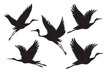 Obraz premium Elegant Bird Silhouettes.Graceful crane, stork, swallows, ducks, swifts, and gulls in flight, Heron vector illustration set.