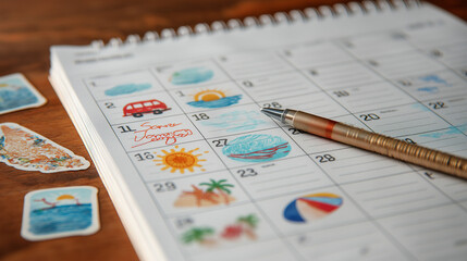 Calendar page with marked summer vacation dates, pen marks and beach stickers