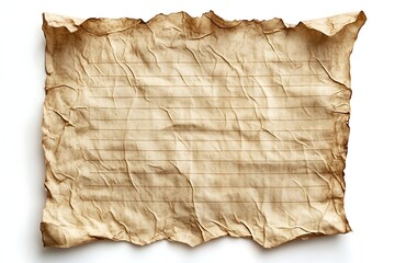 Aged crumpled lined paper texture isolated on white background