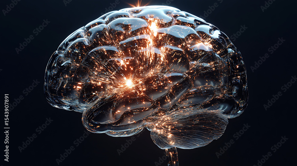 Poster stunning 3d render of a translucent brain, glowing with inner light. perfect for concepts of intelli