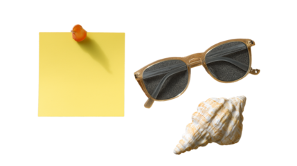 Yellow sticky note with sunglasses sketch, pinned to corkboard with shell accent