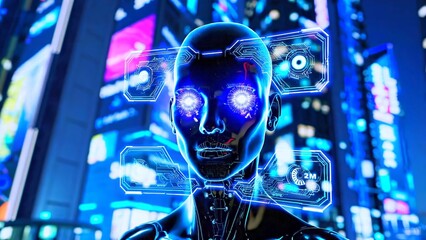 Robotic figure scanning urban landscape, glowing eyes processing augmented reality data, revealing technological advancement through digital interface and futuristic cityscape