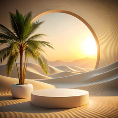 Palm tree in pot on minimalist podium, desert sunset view