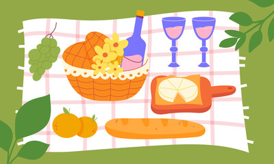 Summer picnic. Stylish picnic in nature with fruit, cheese, bread, wine