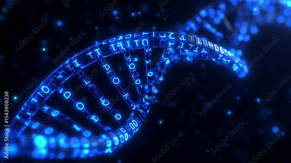 Poster animated blue dna strand spirals with glowing binary code elements illustrating genetic information.