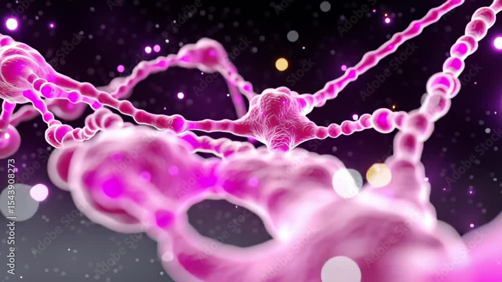 Poster bright pink neuron structure with glowing particles representing nerve activity. abstract setting cr