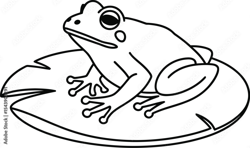Poster a simple line drawing of a frog sitting on a lily pad on a white background