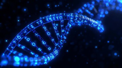 Animated blue DNA strand spirals with glowing binary code elements illustrating genetic information. Dark background enhances visual depth and tech feel - Powered by Adobe