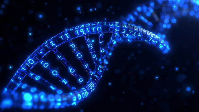 Animated blue DNA strand spirals with glowing binary code elements illustrating genetic information. Dark background enhances visual depth and tech feel - Powered by Adobe