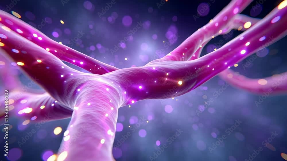 Poster colorful neuron structure connects through synapses, showcasing intricate brain activity. digital re