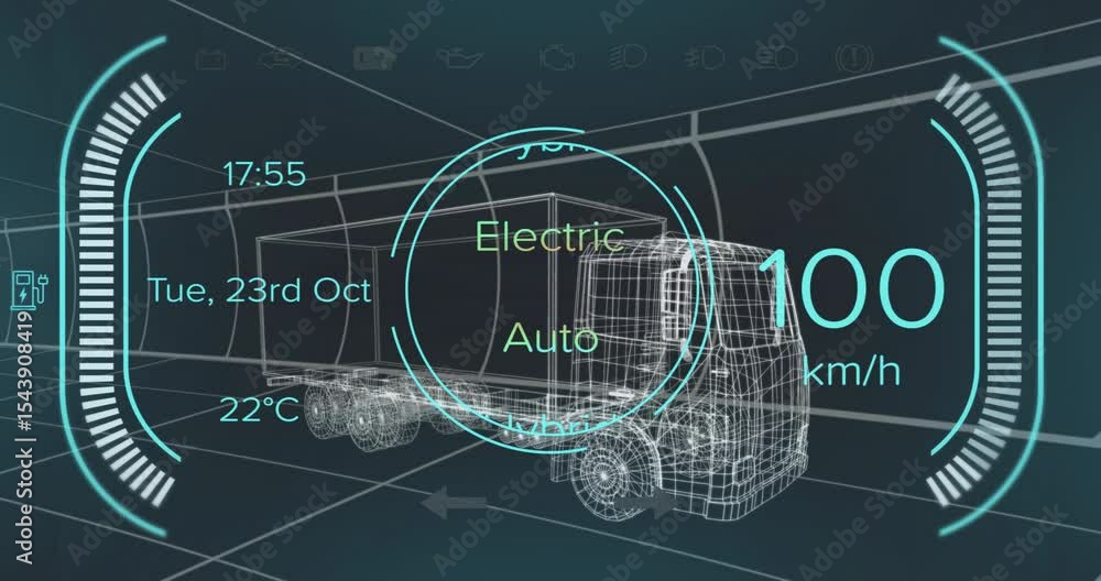 Poster on simulation start wireframe truck accelerating while switching drive modes to show speed control
