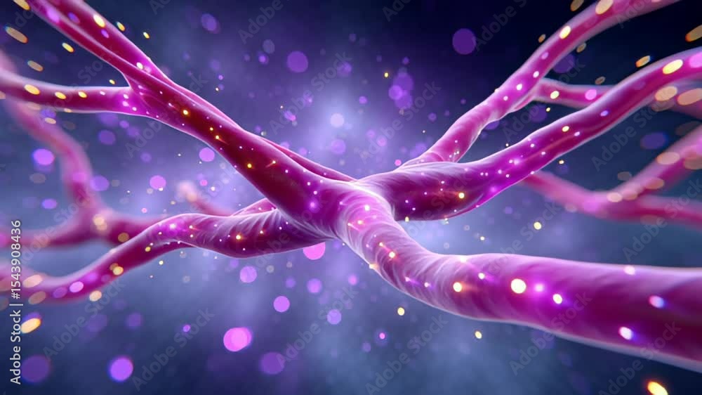 Poster interconnected neurons illuminated by glowing particles, depicting intricate synaptic connections. v