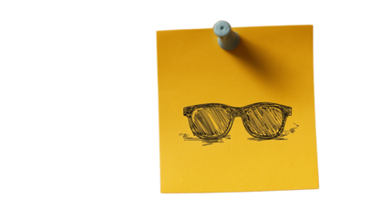 Yellow sticky note with sunglasses sketch, pinned to corkboard with shell accent