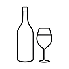 Wine bottle and glass in fine line drawing Vector illustration