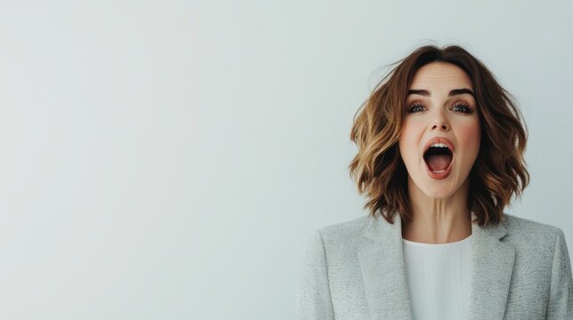 A vibrant portrait of a woman passionately expressing joy while shouting, dressed in professional attire and set against a clean, minimalist background for impactful focus.