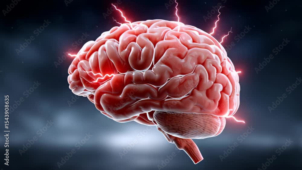 Poster bright human brain with lightning-like sparks showing neural activity. dark atmospheric setting emph