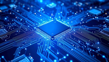 Blue glowing CPU circuit board.