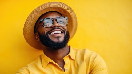 A joyful man wearing a stylish hat and glasses, smiling radiantly against a vibrant yellow background, symbolizing positivity and confidence in everyday life.