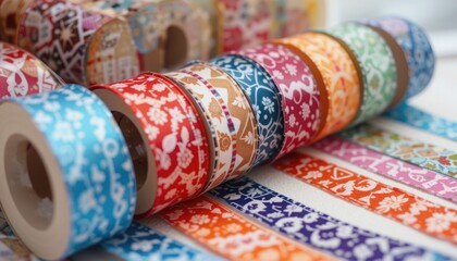 Colorful decorative patterned washi tape rolls, for craft projects and diy enthusiasts