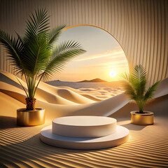 Minimalist product display platform in desert sunset scene with palm plants