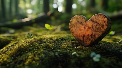 Natural Burial Wooden Heart on Moss in Forest Cemetery, Closeup Symbolizing Eco-Friendly Funeral Practices in Woodland Setting, Daytime Tranquil Memorial with Greenery and Organic, Generative AI