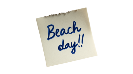 Sticky note with "Beach day!" handwritten in blue ink, curled edge, white sand texture background, high-resolution