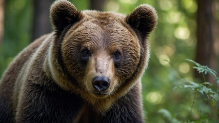 Brown bear portrait. Brown bear in a summer forest. Photo of a bear in the wild.