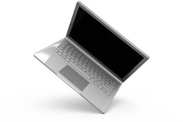 A sleek, modern laptop floating above a circular shadow, emphasizing its design and technology.