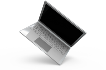 A sleek, modern laptop floating above a circular shadow, emphasizing its design and technology.