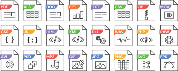 Linear file format icons with various format PDF, JPG and MP3, JS and XML, DLL and SVG, CSV and PSD, PNG and DOC. File types with document extension. Vector isolated set.