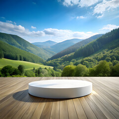 White cylindrical pedestal on wooden deck overlooking green mountain valley