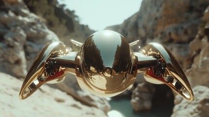 A sleek, futuristic drone with a polished gold exterior gracefully hovers above a serene canyon, showcasing modern design and innovation in technology.