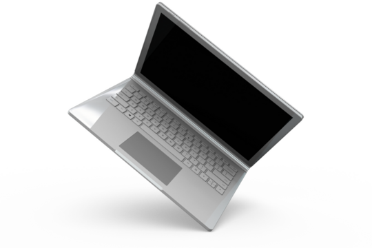 A sleek, modern laptop floating above a circular shadow, emphasizing its design and technology.