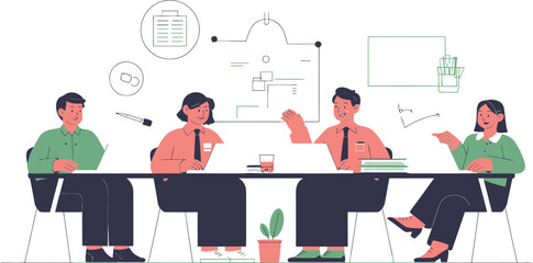 Illustrated business team collaborating at a table with laptops and whiteboard