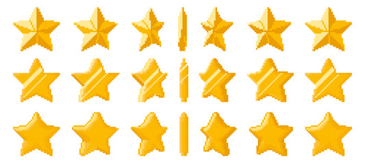 Pixel art golden star animation. Pixelated shiny stars rotation, 8bit retro game gold award in various five pointed star shapes. Animated spin of rating icons vector set.